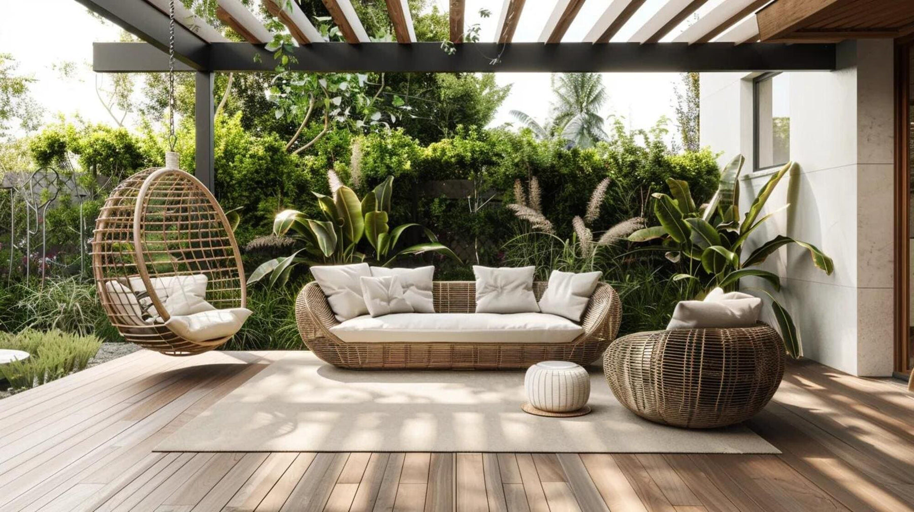 Minimalist outdoor living patio with woven seating, a hanging chair, and lush greenery under a modern pergola