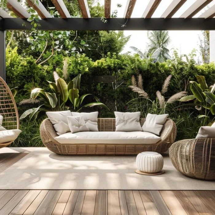 Minimalist outdoor living patio with woven seating, a hanging chair, and lush greenery under a modern pergola