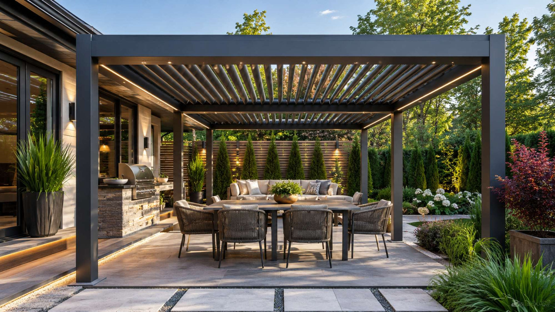 Modern aluminum pergola with a dark louvered roof, built-in lighting, outdoor dining furniture, and lush backyard landscaping
