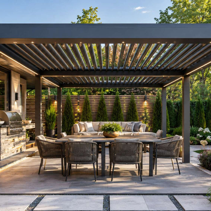 Modern aluminum pergola with a dark louvered roof, built-in lighting, outdoor dining furniture, and lush backyard landscaping