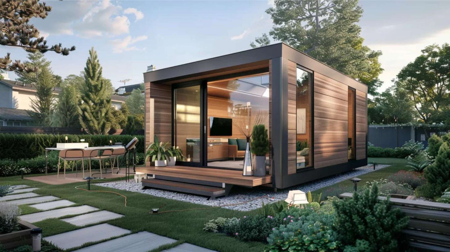 Modern backyard ADU with glass walls and wood siding, showcasing the benefits of building an ADU for extra living space