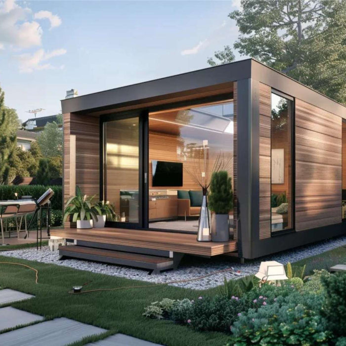 Modern backyard ADU with glass walls and wood siding, showcasing the benefits of building an ADU for extra living space