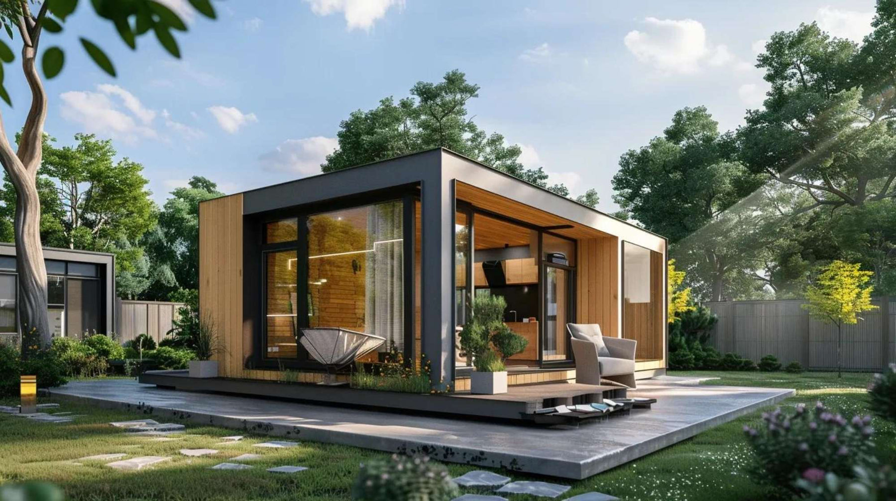 Modern backyard ADU with large windows, wood siding, a patio, and green landscaping shows how homeowners can finance ADU with rent