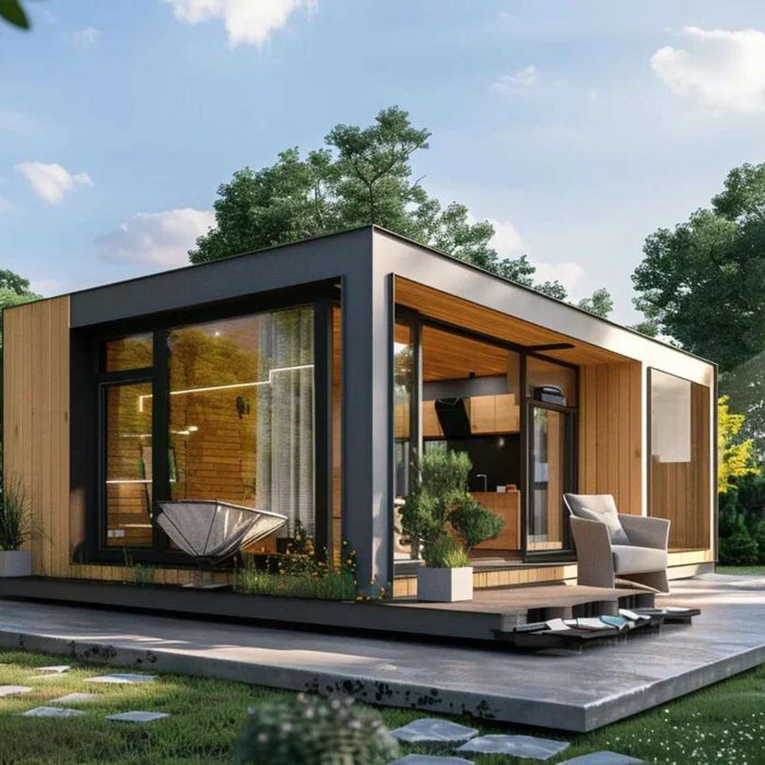 Modern backyard ADU with large windows, wood siding, a patio, and green landscaping shows how homeowners can finance ADU with rent