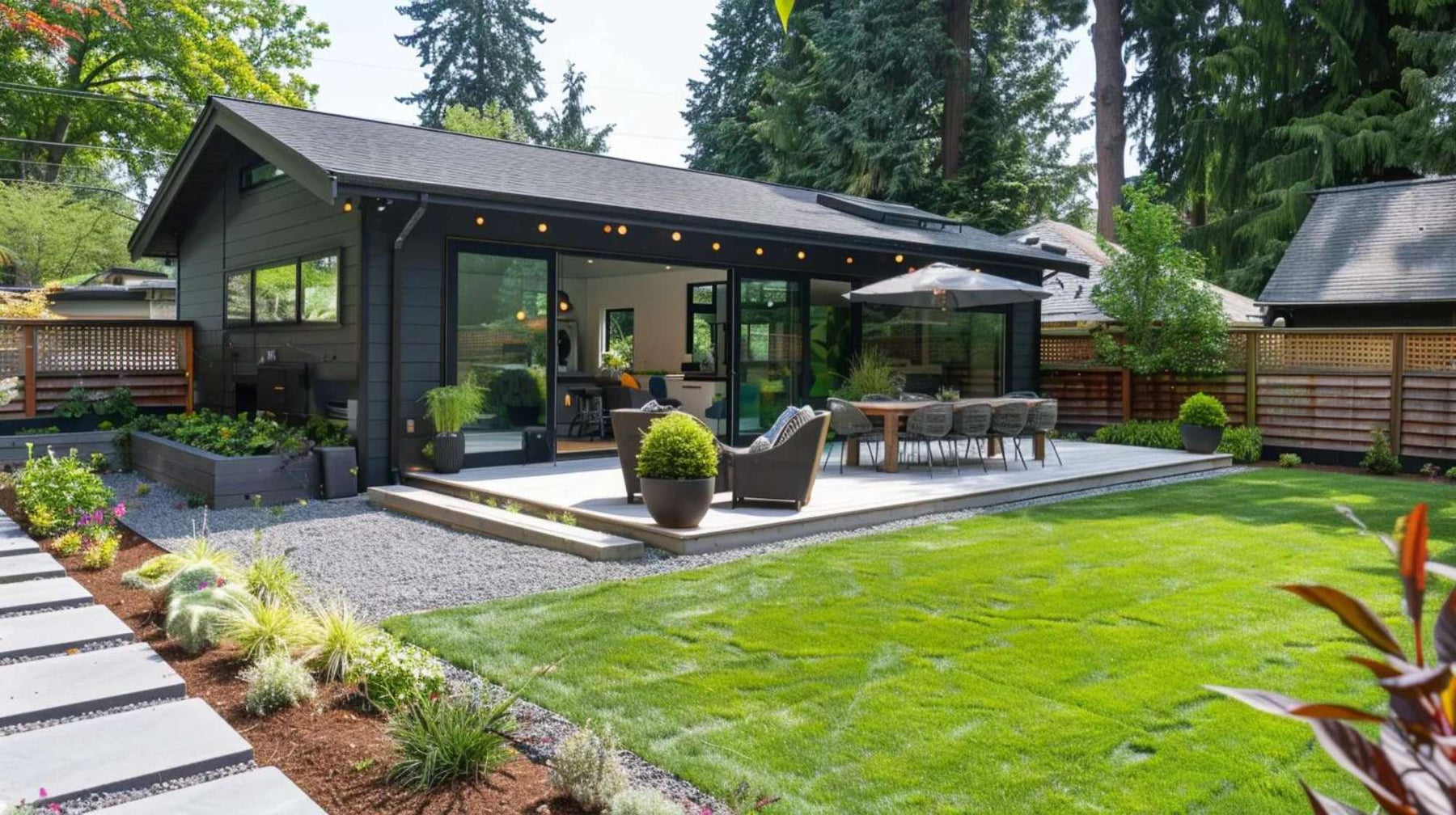 Modern backyard ADU with patio and landscaped yard built to help homeowners retire with rental income