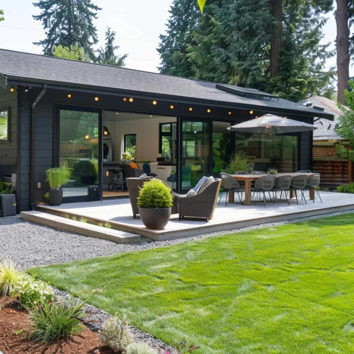 Modern backyard ADU with patio and landscaped yard built to help homeowners retire with rental income