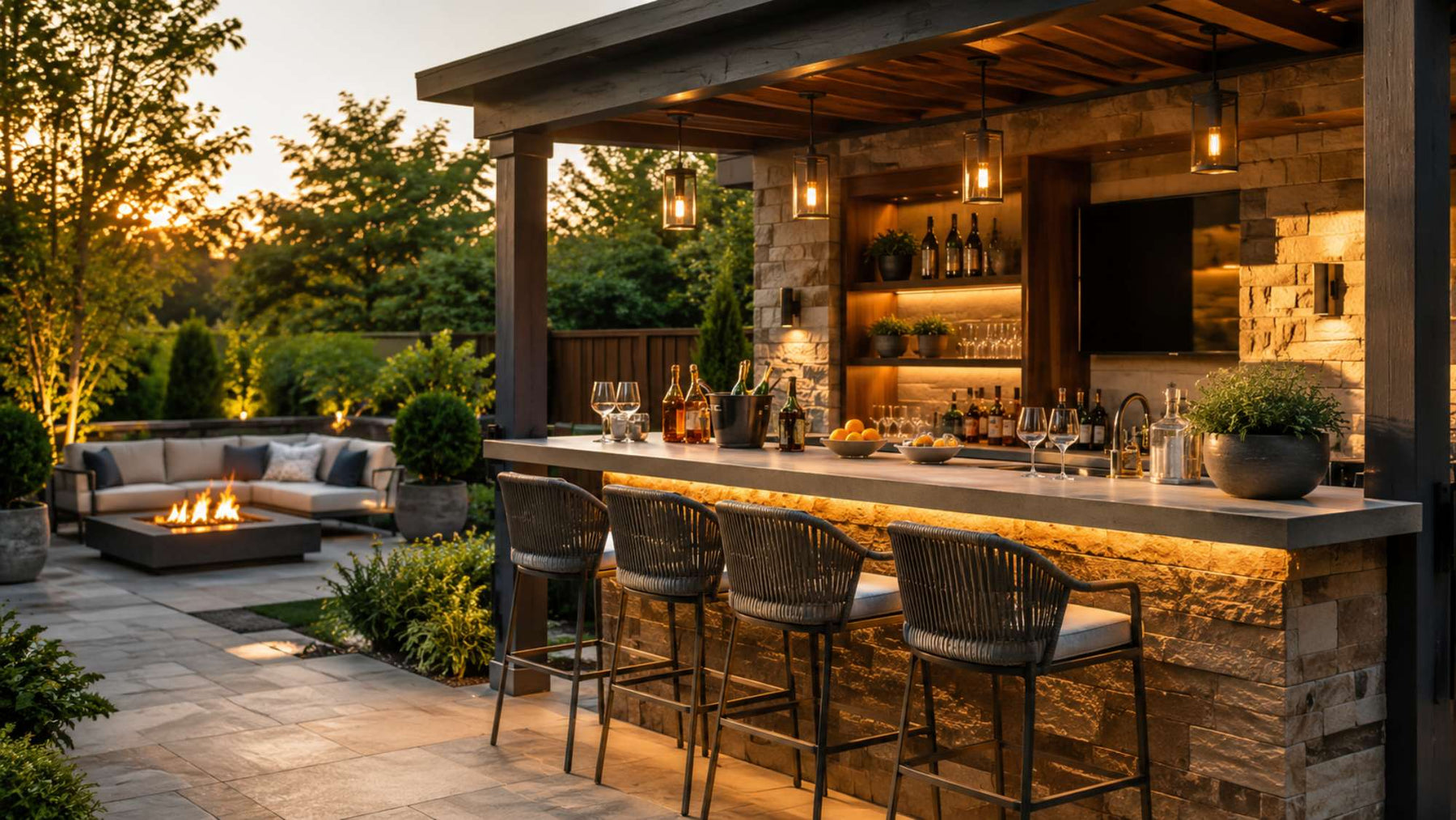 Modern backyard bar with stone finishes, warm lighting, bar stools, and a nearby fire pit showcasing stylish outdoor bar ideas
