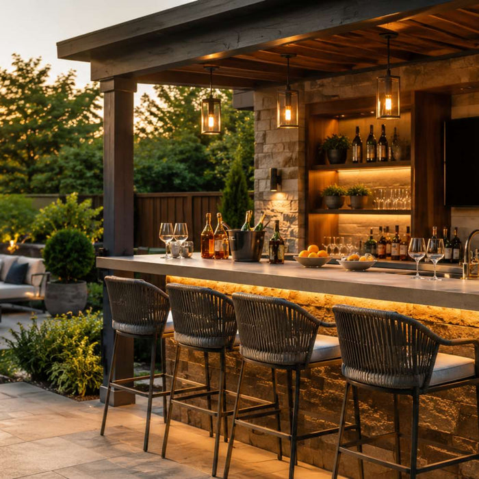 Modern backyard bar with stone finishes, warm lighting, bar stools, and a nearby fire pit showcasing stylish outdoor bar ideas