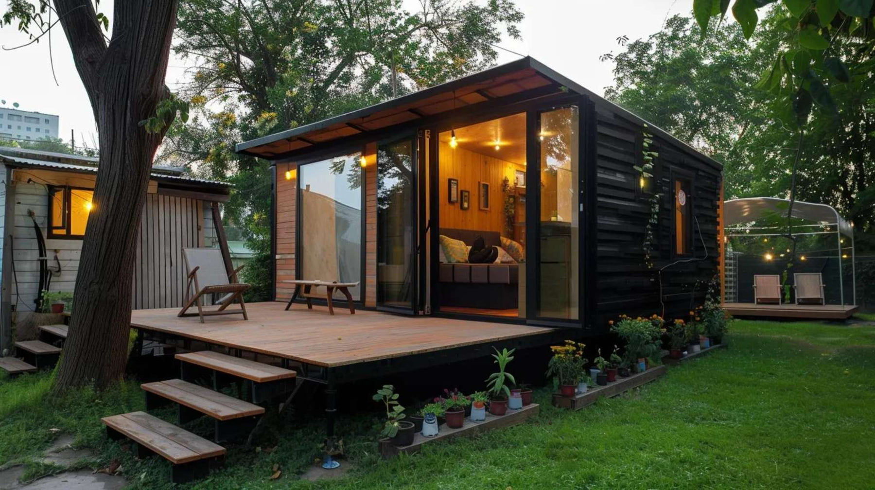 Modern backyard cabin with glass doors and deck, showing how a tiny home pay for itself through Airbnb rentals