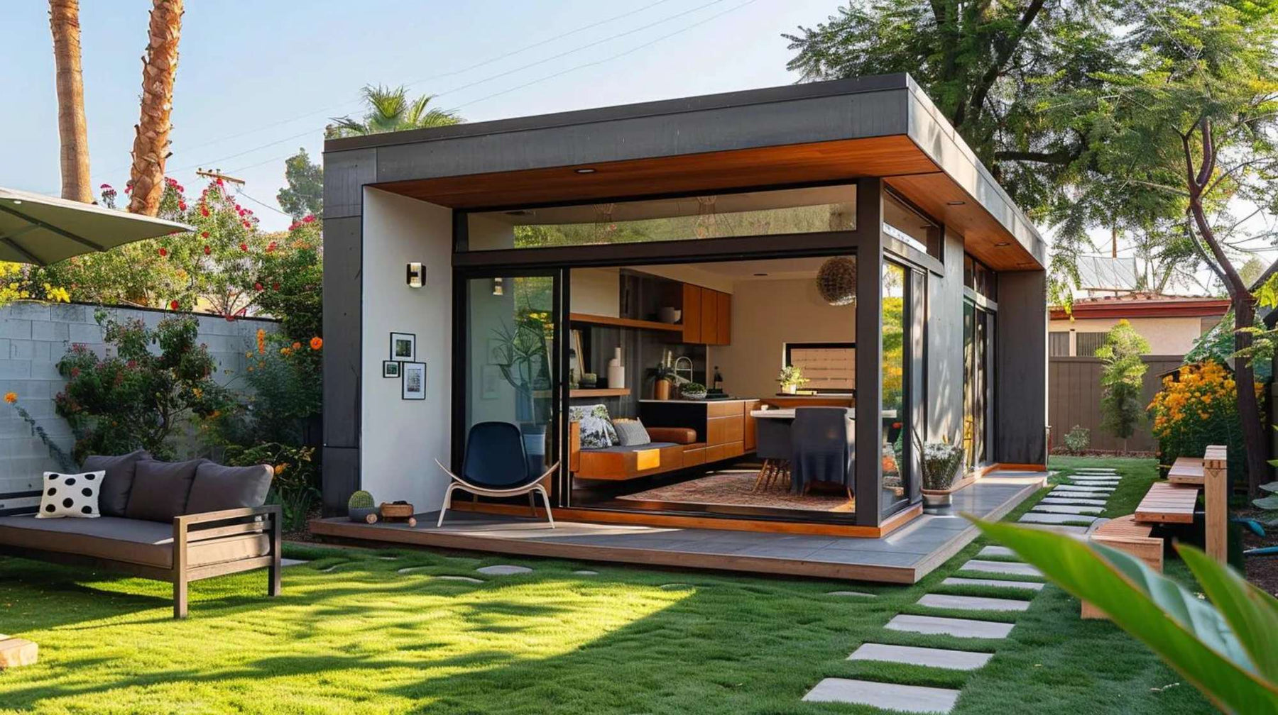 Modern backyard cottage ADU with glass doors and patio, representing housing regulated by backyard rental zoning laws