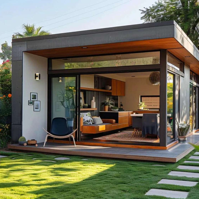 Modern backyard cottage ADU with glass doors and patio, representing housing regulated by backyard rental zoning laws