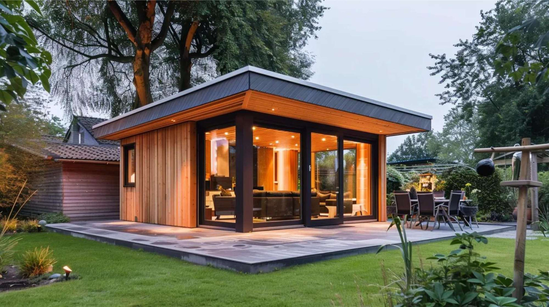 Modern backyard cottage with large glass windows and warm lighting, ideal for a quiet healthcare worker housing rental near residential homes