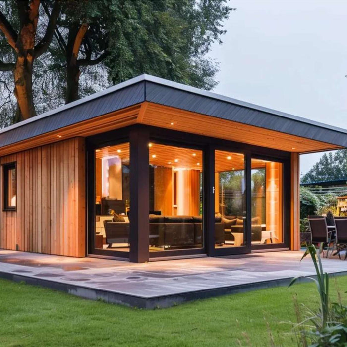 Modern backyard cottage with large glass windows and warm lighting, ideal for a quiet healthcare worker housing rental near residential homes