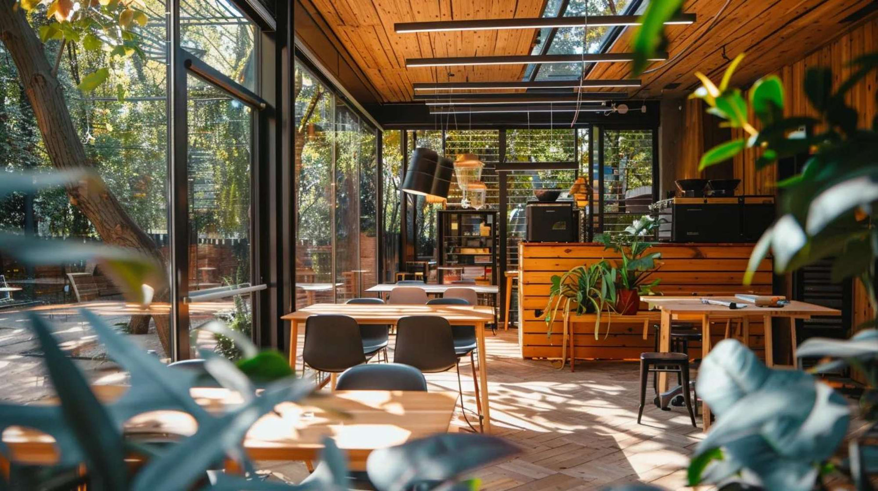 Modern backyard coworking space with shared desks, wood interiors, and natural light surrounded by greenery