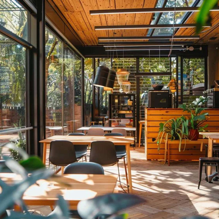Modern backyard coworking space with shared desks, wood interiors, and natural light surrounded by greenery