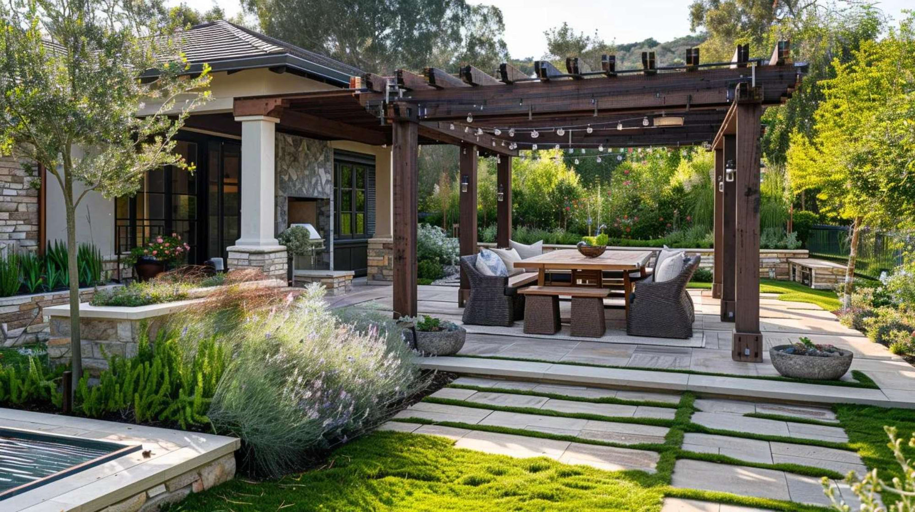 Modern backyard features a wooden pergola with string lights, a dining set, stone patio, and landscaped garden, showing what 20k gets you in an outdoor structure