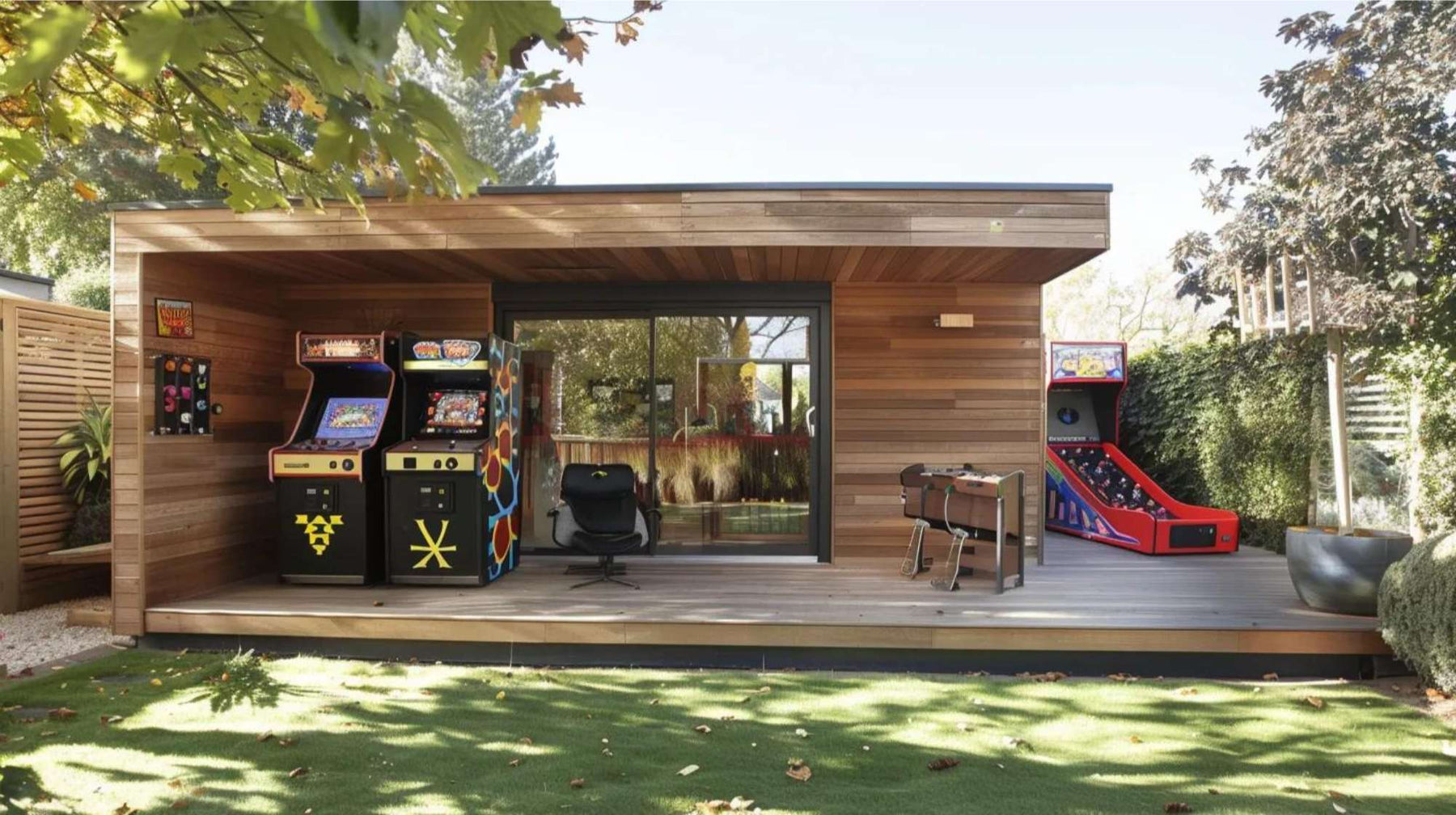 Modern backyard game room Airbnb rental with a wood-clad outdoor cabin, three arcade machines, a foosball table, and a deck overlooking a grassy yard