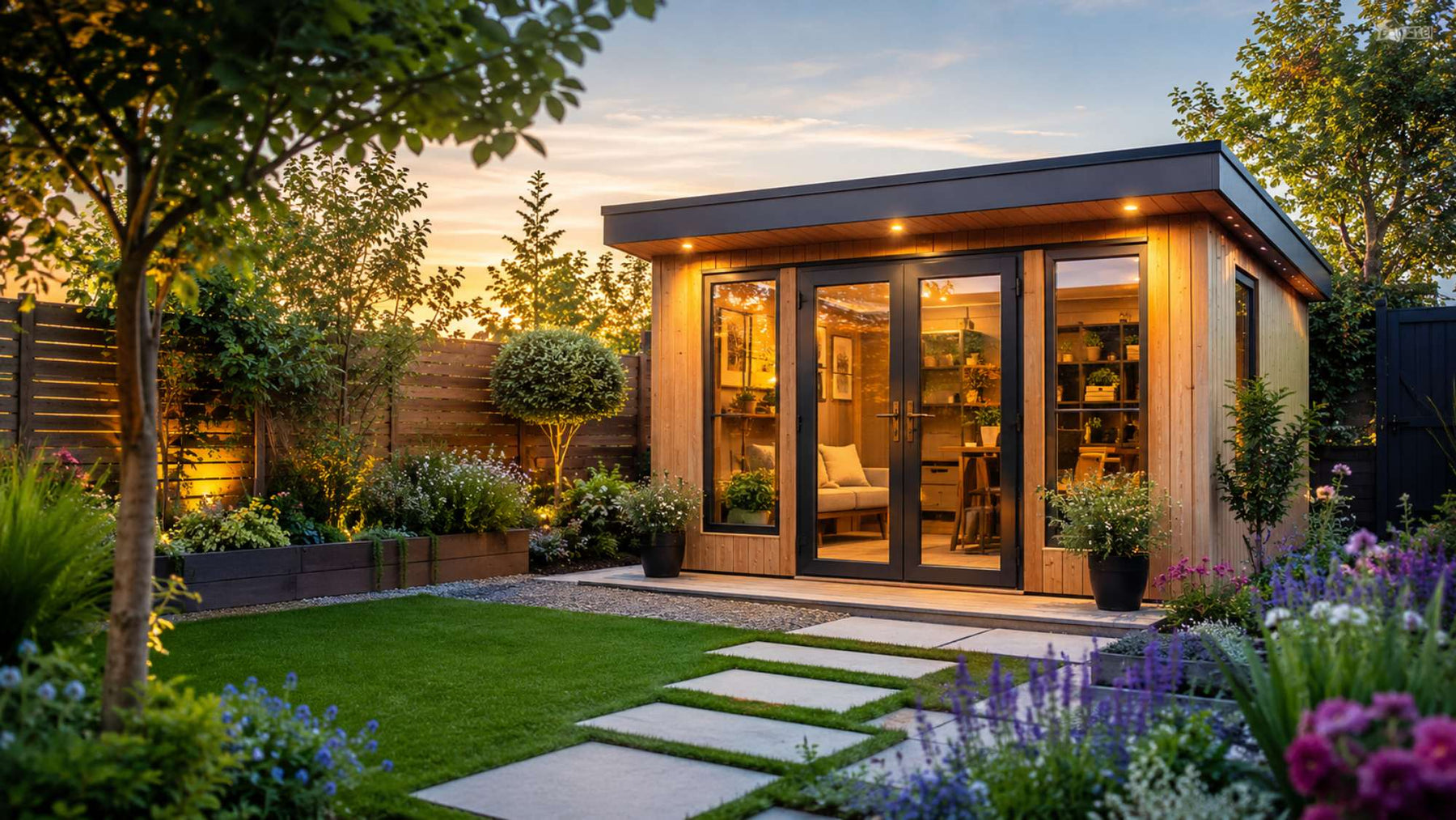 Modern backyard garden house with landscaped paths and flowers showing how to avoid garden house mistakes