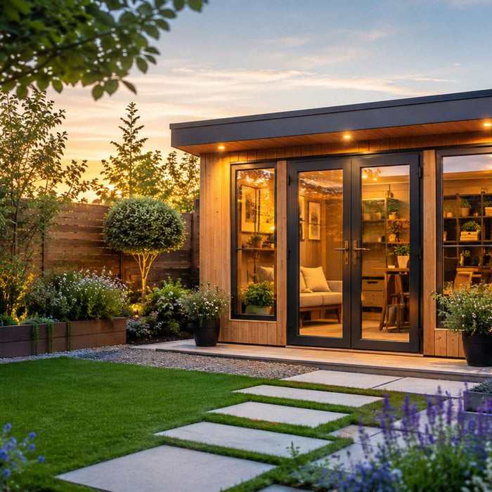 Modern backyard garden house with landscaped paths and flowers showing how to avoid garden house mistakes
