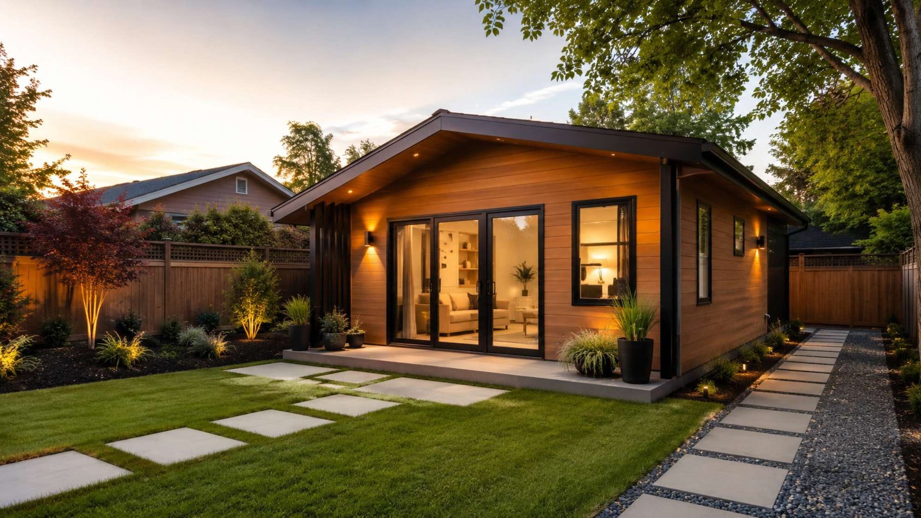 Modern backyard guest house with landscaped paths and a manicured lawn illustrating backyard unit appreciation through a high-quality secondary dwelling