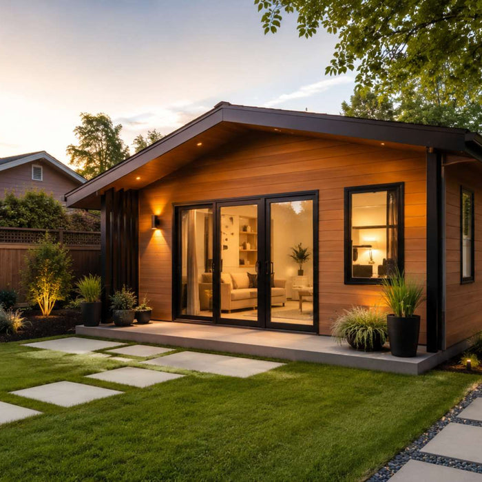 Modern backyard guest house with landscaped paths and a manicured lawn illustrating backyard unit appreciation through a high-quality secondary dwelling