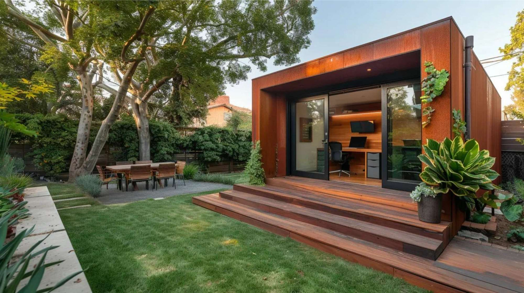 Modern backyard office pod with glass doors in a landscaped garden, highlighting backyard office savings through a functional home workspace