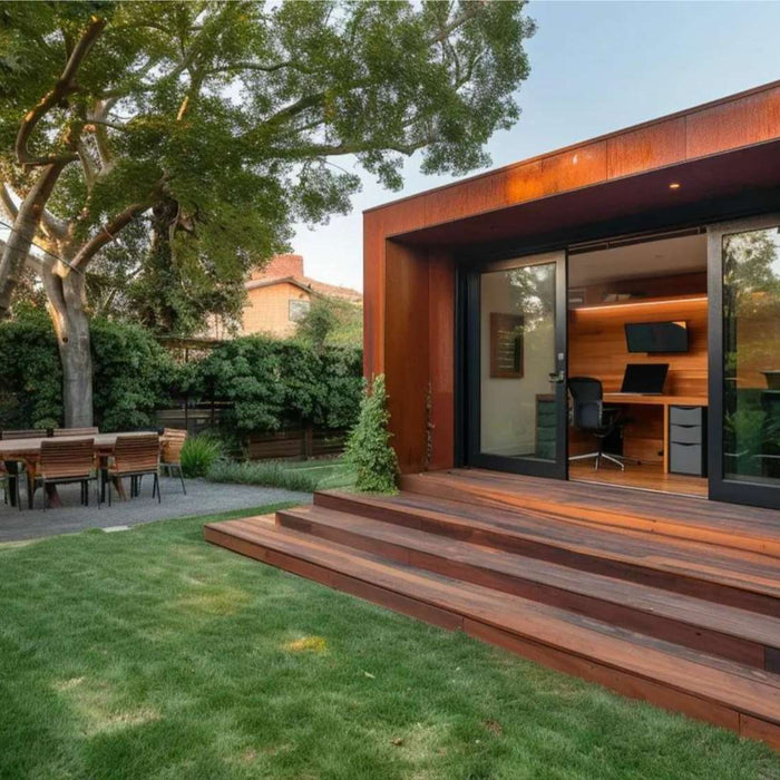 Modern backyard office pod with glass doors in a landscaped garden, highlighting backyard office savings through a functional home workspace