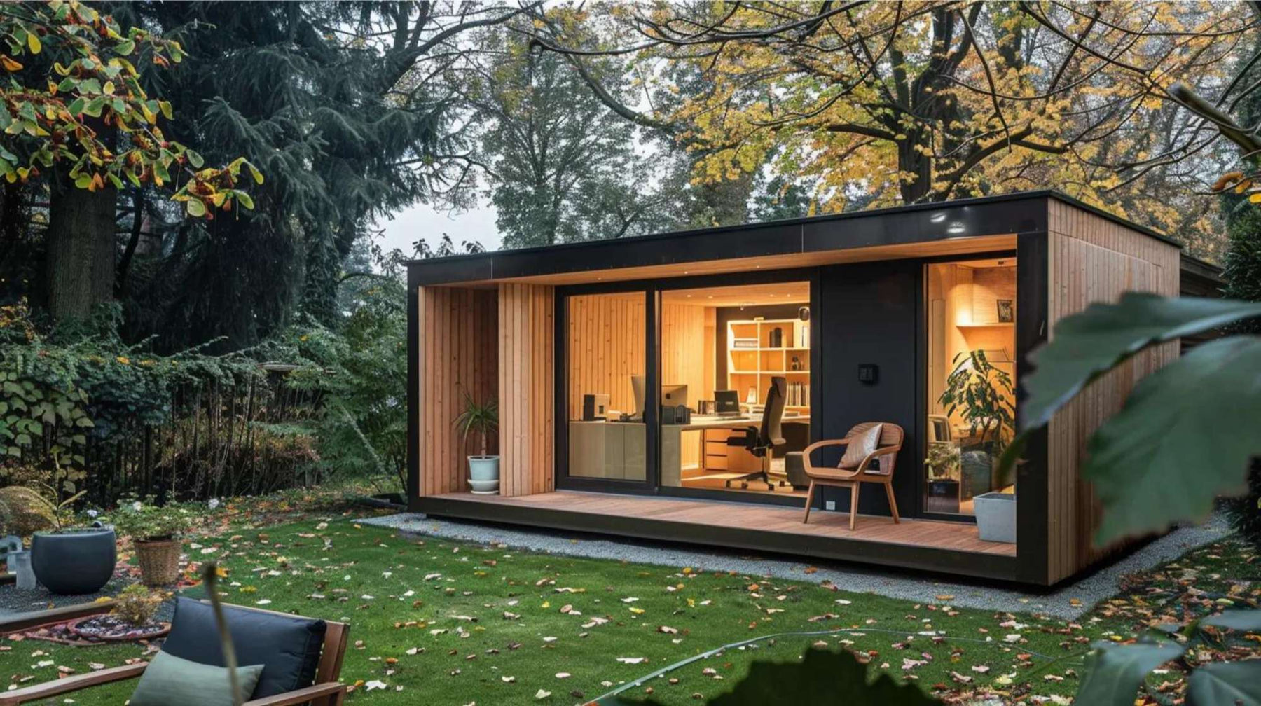Modern backyard office shed surrounded by trees, showing a sleek workspace that fits the idea of a shed eCommerce business