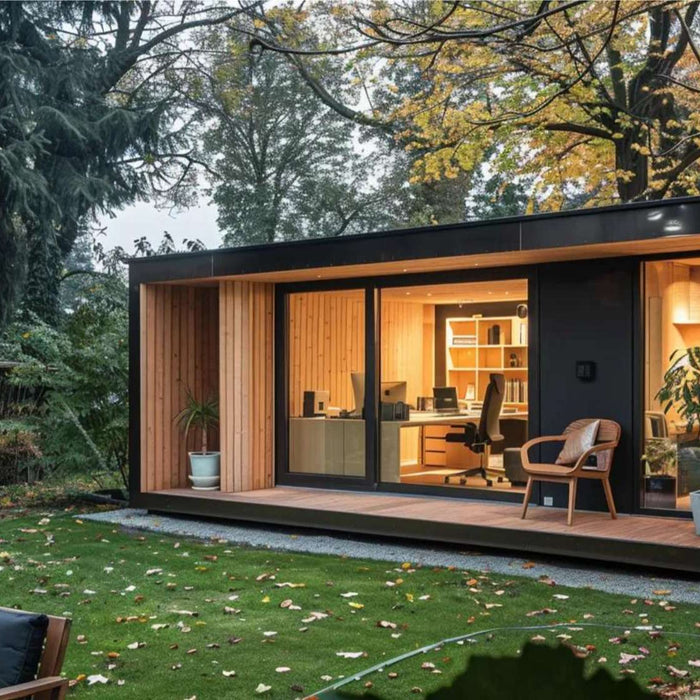 Modern backyard office shed surrounded by trees, showing a sleek workspace that fits the idea of a shed eCommerce business