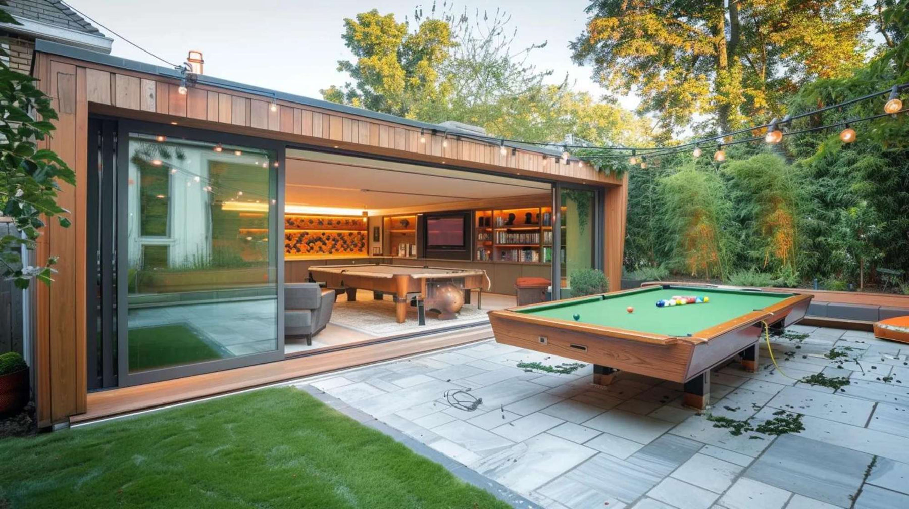Modern backyard outdoor game room rental with a pool table on a patio, string lights overhead, and a stylish indoor lounge visible through large glass doors