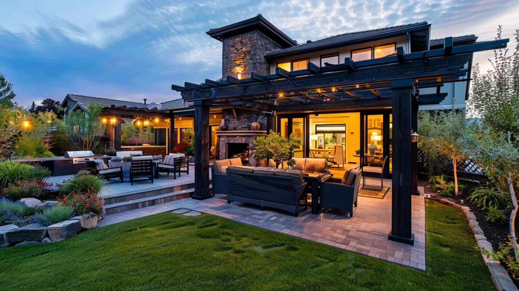 Modern backyard patio with a black pergola, outdoor seating, and warm lighting showcasing pergola curb appeal at dusk