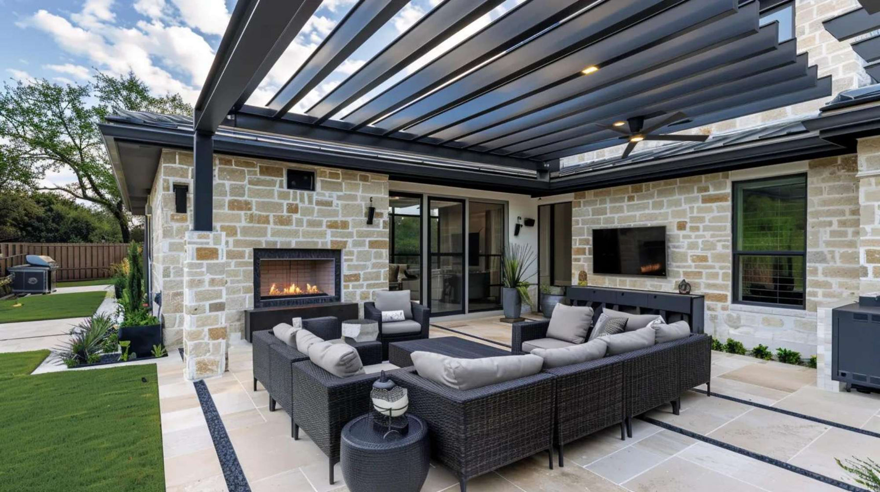 Modern backyard patio with a sleek slatted roof and outdoor seating area under luxury pergolas in San Antonio, TX, featuring a fireplace, TV, and cushioned sofas