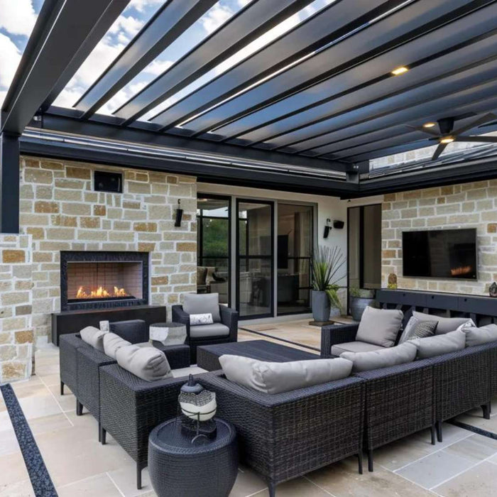 Modern backyard patio with a sleek slatted roof and outdoor seating area under luxury pergolas in San Antonio, TX, featuring a fireplace, TV, and cushioned sofas