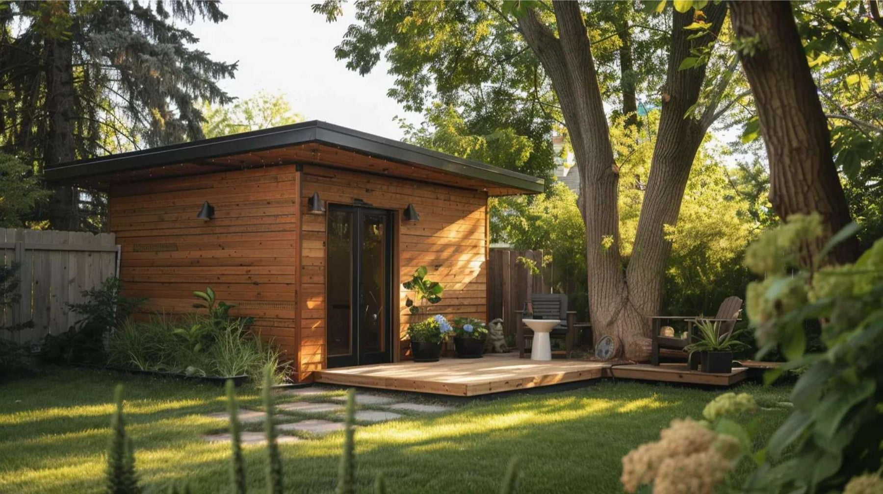 Modern backyard shed with deck and seating, showcasing a finished storage shed flipping business project