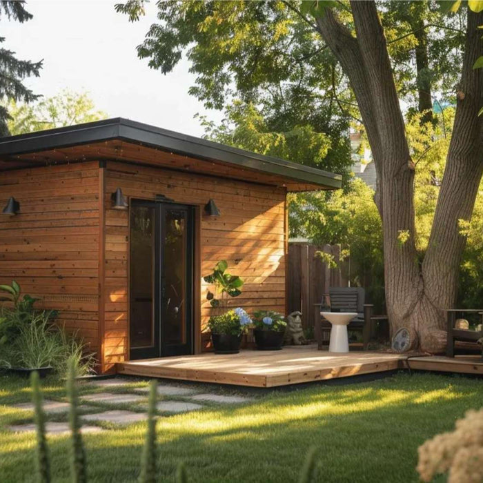 Modern backyard shed with deck and seating, showcasing a finished storage shed flipping business project