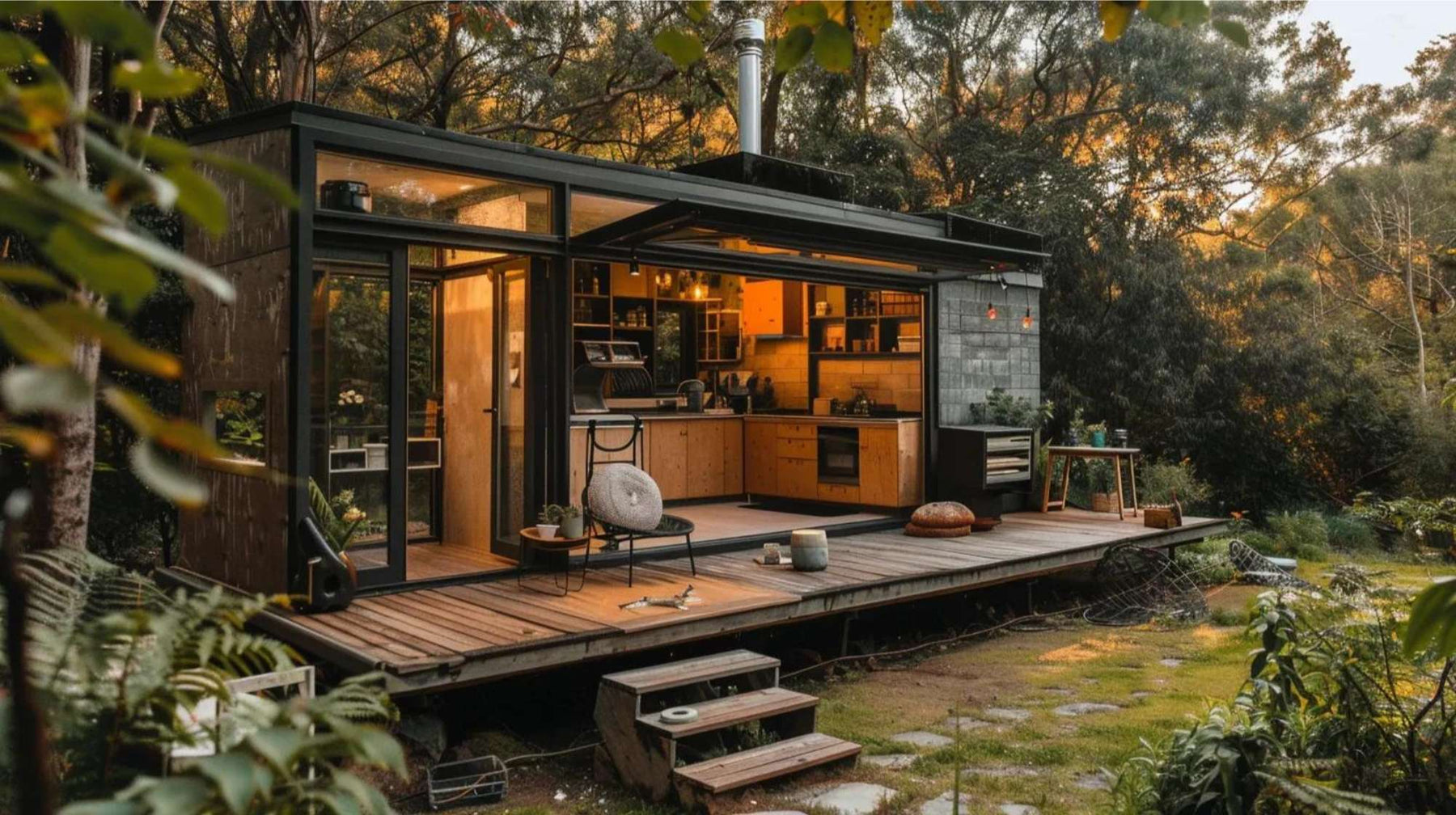 Modern backyard structure with large glass doors, warm lighting, and a compact kitchen setup, ideal for a stylish shed baking business