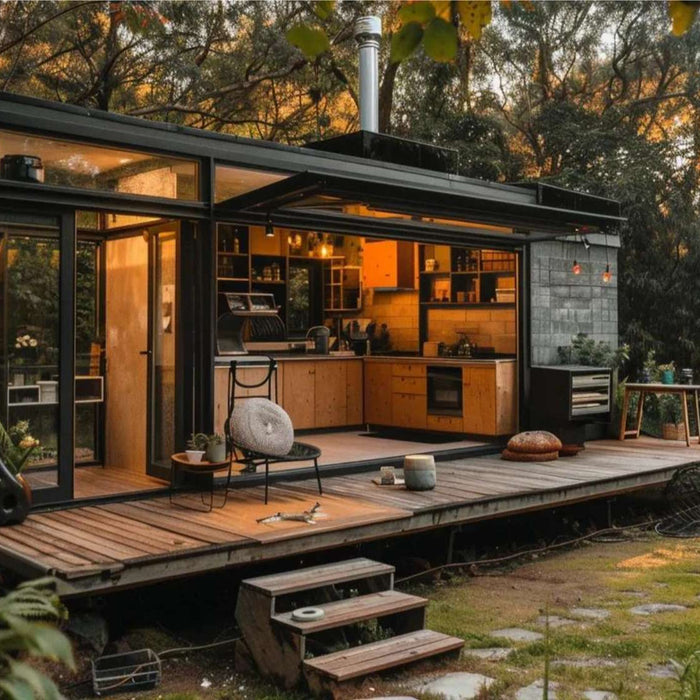 Modern backyard structure with large glass doors, warm lighting, and a compact kitchen setup, ideal for a stylish shed baking business
