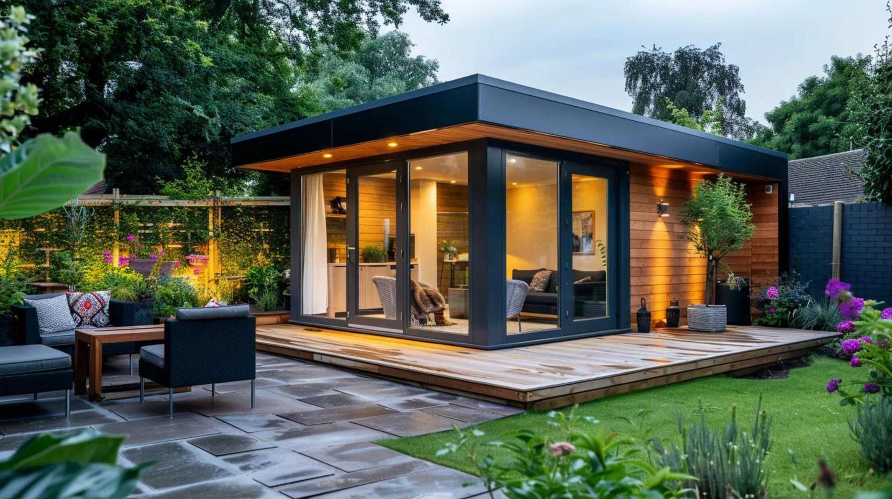 Modern backyard studio with glass walls and warm lighting, ADU vs stocks ROI, set on a wooden deck surrounded by a landscaped garden
