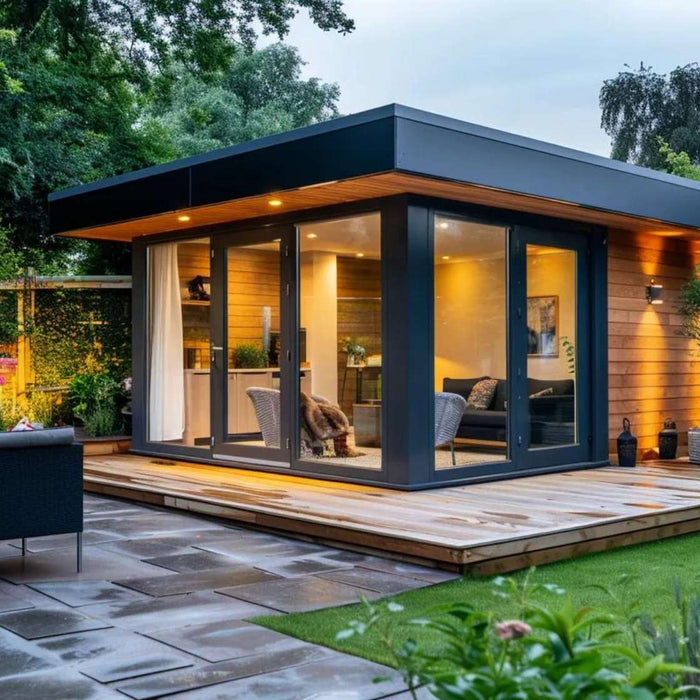 Modern backyard studio with glass walls and warm lighting, ADU vs stocks ROI, set on a wooden deck surrounded by a landscaped garden