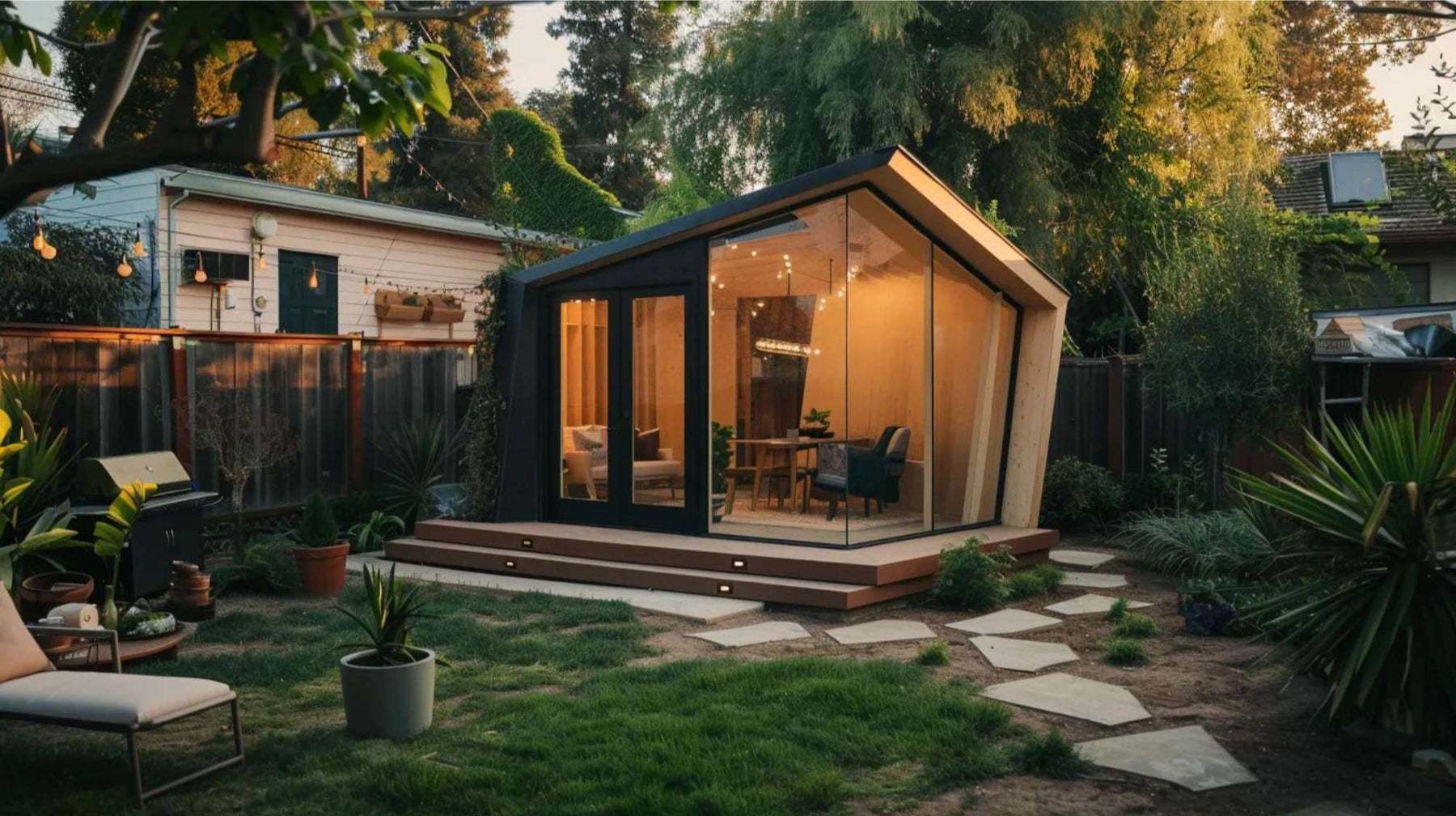 Modern backyard studio with glass walls and warm lighting, perfect for micro home workshops in a small outdoor space
