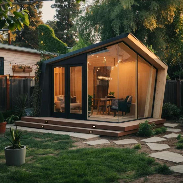 Modern backyard studio with glass walls and warm lighting, perfect for micro home workshops in a small outdoor space