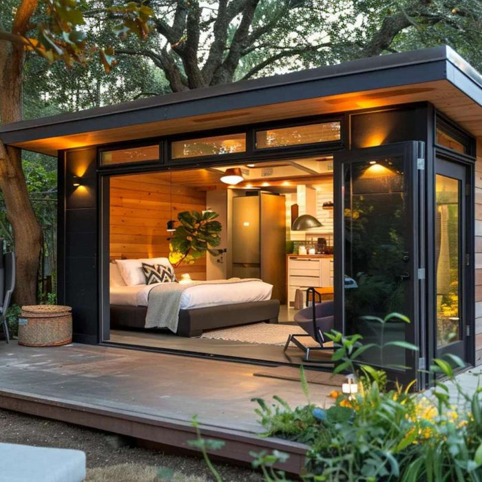 Modern backyard studio with glass walls, cozy interior, and patio, ideal for a she shed rental business
