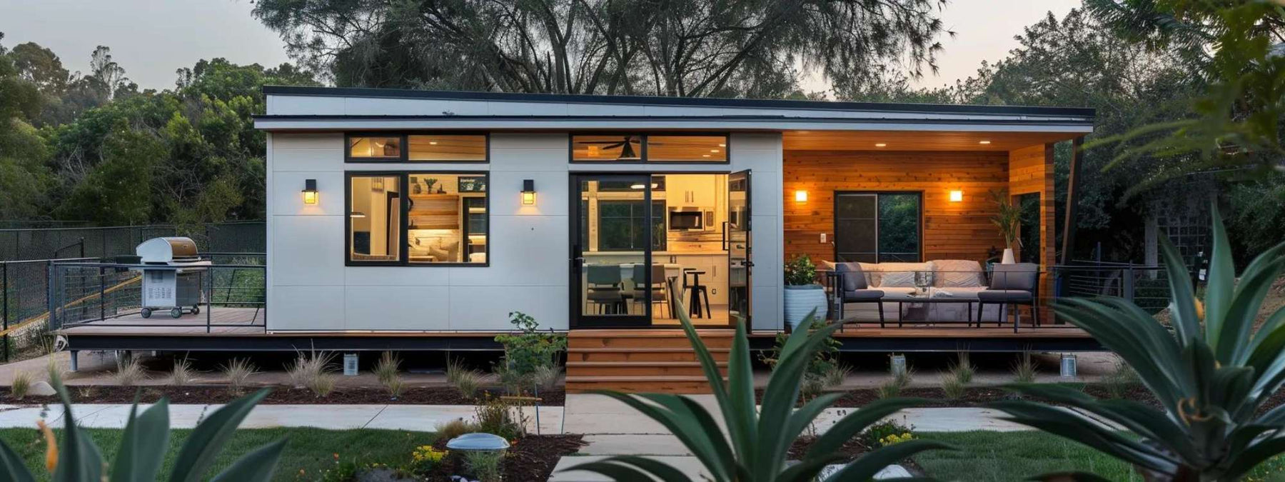 Modern backyard studio with large windows, sliding glass doors, and a covered wooden deck with seating, ideal for a bridal suite she shed rental