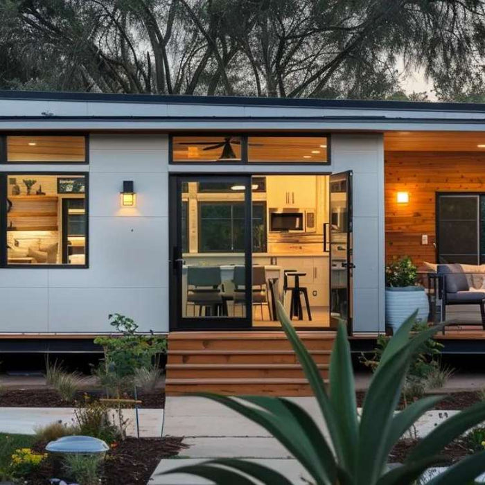 Modern backyard studio with large windows, sliding glass doors, and a covered wooden deck with seating, ideal for a bridal suite she shed rental