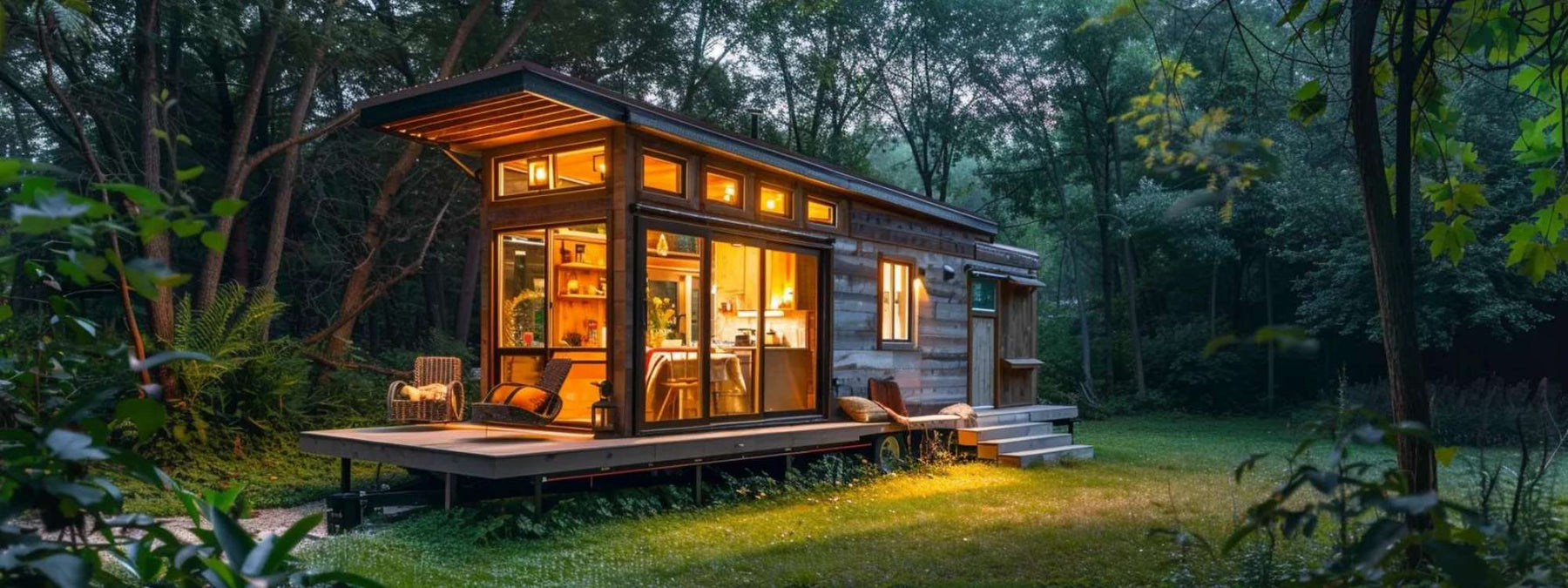 Modern backyard tiny home with large glass windows glowing at dusk in a wooded yard, representing rental income and ADU tax benefits