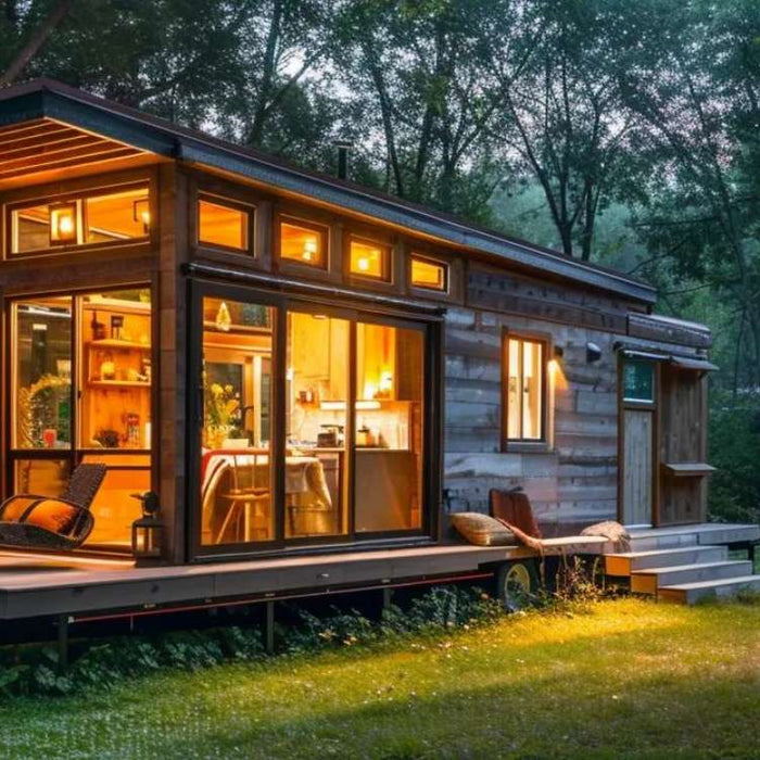 Modern backyard tiny home with large glass windows glowing at dusk in a wooded yard, representing rental income and ADU tax benefits