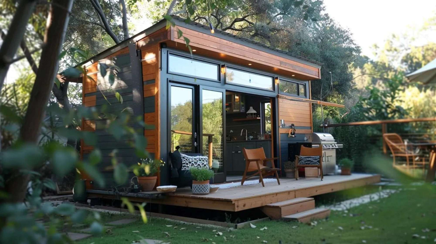 Modern backyard tiny house with wood siding, large glass doors, a small deck with chairs, and outdoor grill, representing tiny home rental tax deductions