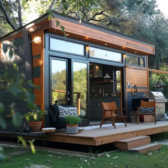 Modern backyard tiny house with wood siding, large glass doors, a small deck with chairs, and outdoor grill, representing tiny home rental tax deductions