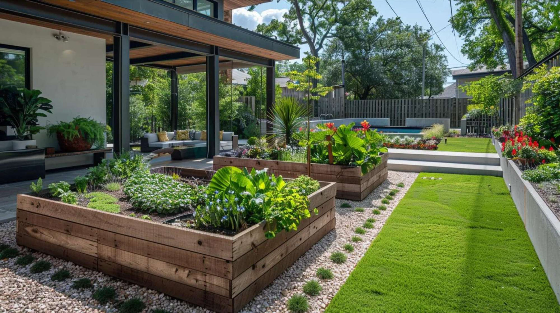 Modern backyard with wooden raised beds filled with leafy greens and flowers near a patio seating area, showcasing stylish raised garden bed ideas