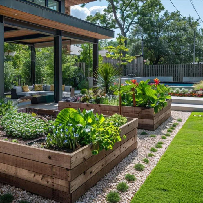 Modern backyard with wooden raised beds filled with leafy greens and flowers near a patio seating area, showcasing stylish raised garden bed ideas